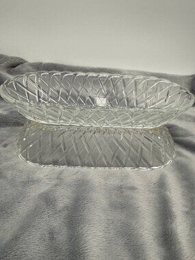 Two Vintage 60s Indiana Glass Basket Weave Clear Oblong Oval Bowl Celery Dish